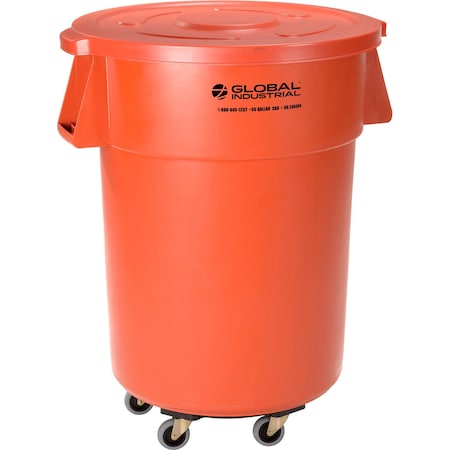 Global Industrial Plastic Trash Can with Lid & Dolly, 55 Gallon Orange 240464ORB
